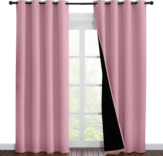 NICETOWN Total Shade Curtains and Draperies, Heavy-Duty Full Light Shading Drapes with Black Liner Backing for Villa/Hall/Dorm Window（Crystal Pink, Package of 2 Panels, 52 inches Wide x 95 inches Long