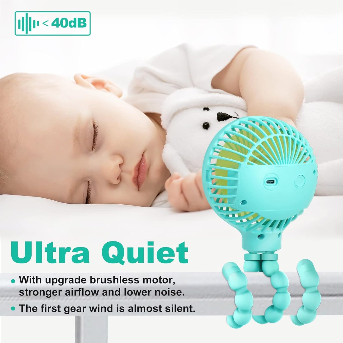 TRELC Mini Handheld Stroller Fan, Personal Portable Baby Rechargeable Fan With Flexible Tripod, Upgraded Version, Gift for Children Office Treadmill Room Car Traveling BBQ Gym (Mint Green)