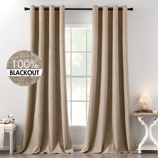 MIULEE 100% Blackout Linen Textured Curtains for Bedroom Solid Thermal Insulated Copper Brown Grommet Room Darkening Curtains & Drapes Luxury Decor for Living Room Nursery 52 x 120 Inch (2 Panels)