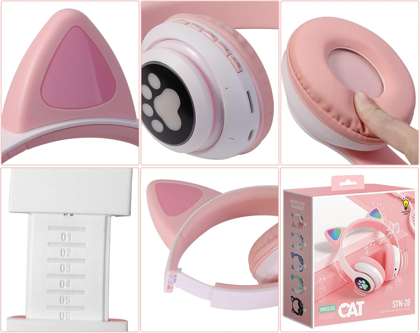 TCJJ Kids Wireless Headphones - Cat Ear LED Light Up, Bluetooth 5.4, Safe Volume Limit, Noise Cancelling with Mic & TF Card for Girls Boys Toddlers School (Pink)