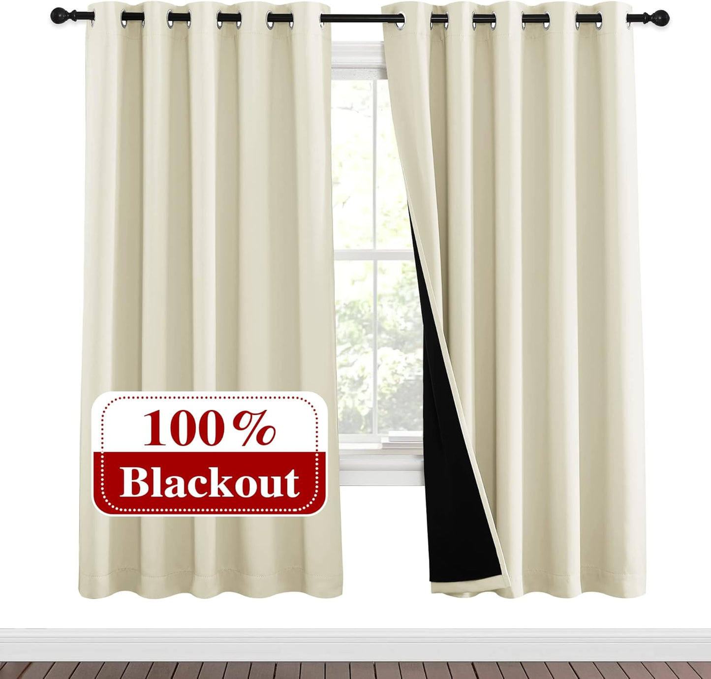 NICETOWN Living Room Completely Shaded Draperies, Privacy Protection & Noise Reducing Ring Top Drapes, Black Lined Insulated Window Treatment Curtain Panels (Beige, 2 Pieces, W62 x L72)