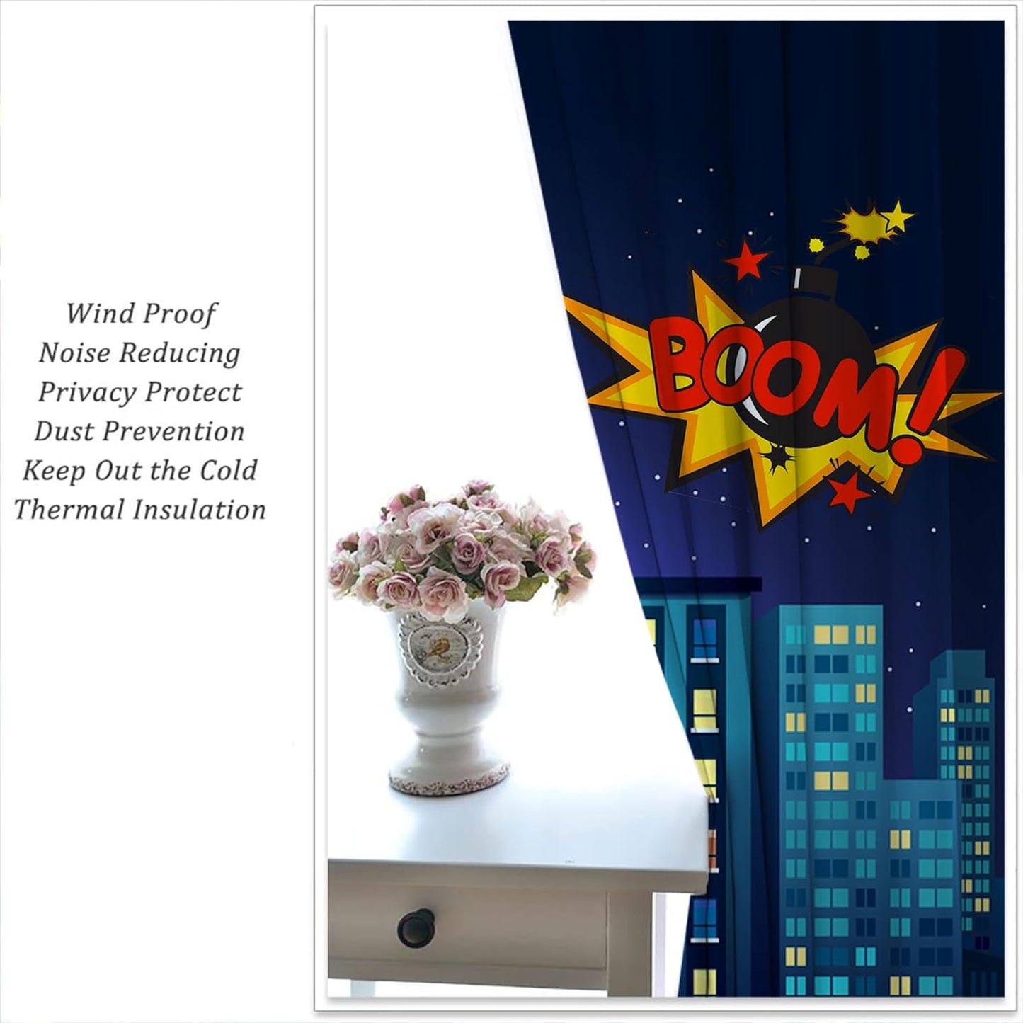 Superhero Rod Pocket Blackout Curtains for Boy Girl Bedroom, Cartoon Skyline Buildings Cityscape Home Energy Efficient Light Filtering Window Curtain for Living Room, 84x63 inch