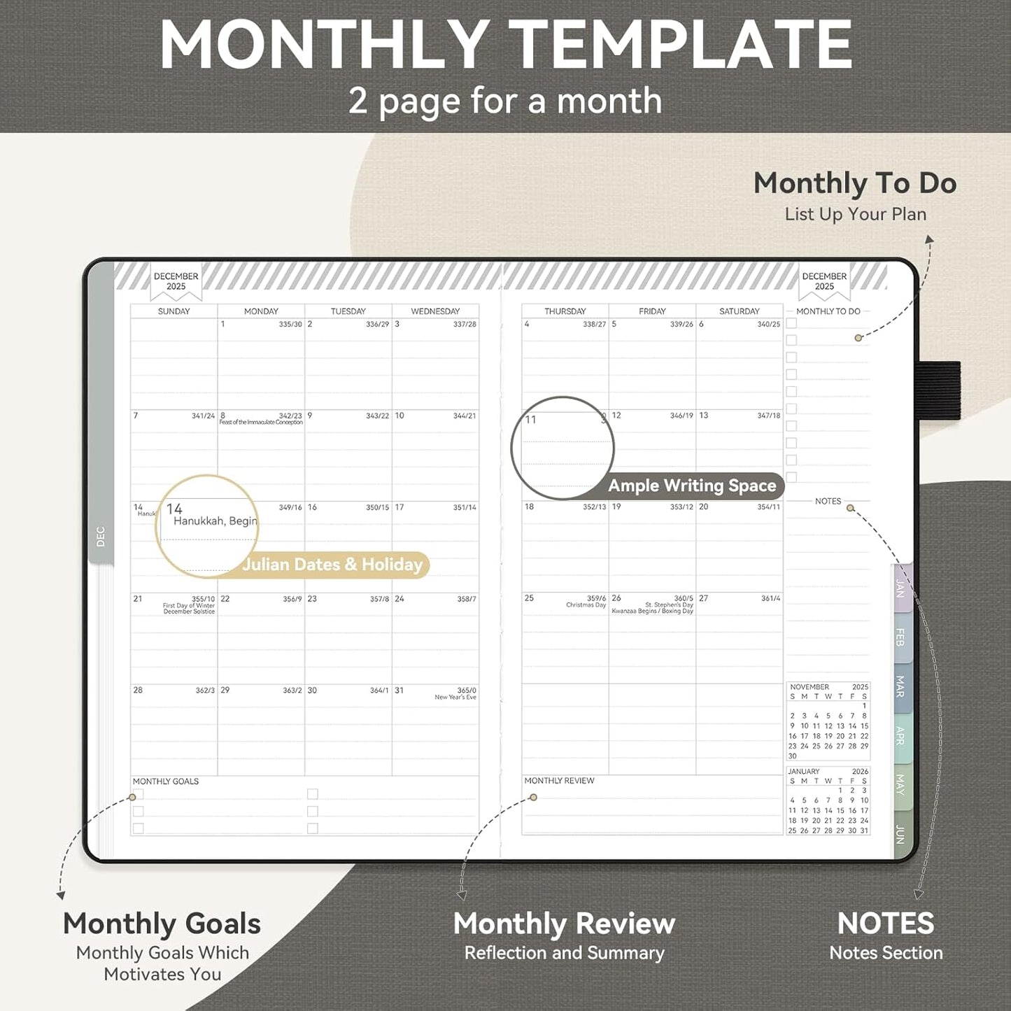 Getink 2025-2026 Linen cover Planner Weekly & Monthly Daily Agenda Book,2025-2026 To Do List Notebook with Colorful Monthly Tabs, Inner Pocket, Elastic Closure (Black,5.5 * 8.5)