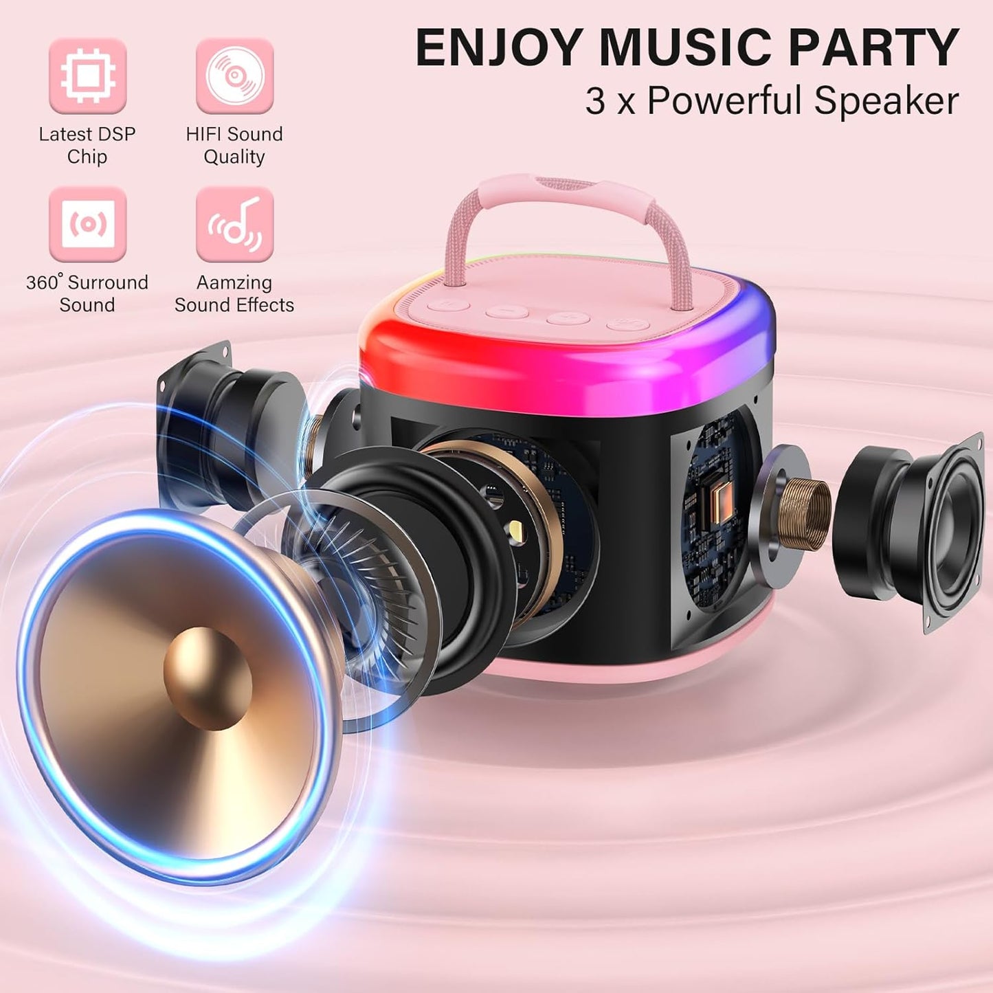 JYX Mini Karaoke Machine for Kids, Portable Bluetooth Karaoke Speaker Unpowered Cabinets with 1 Wireless Microphones and Party Lights for Adults, Birthday Gifts for Girls Boys Family Home Party(Pink)