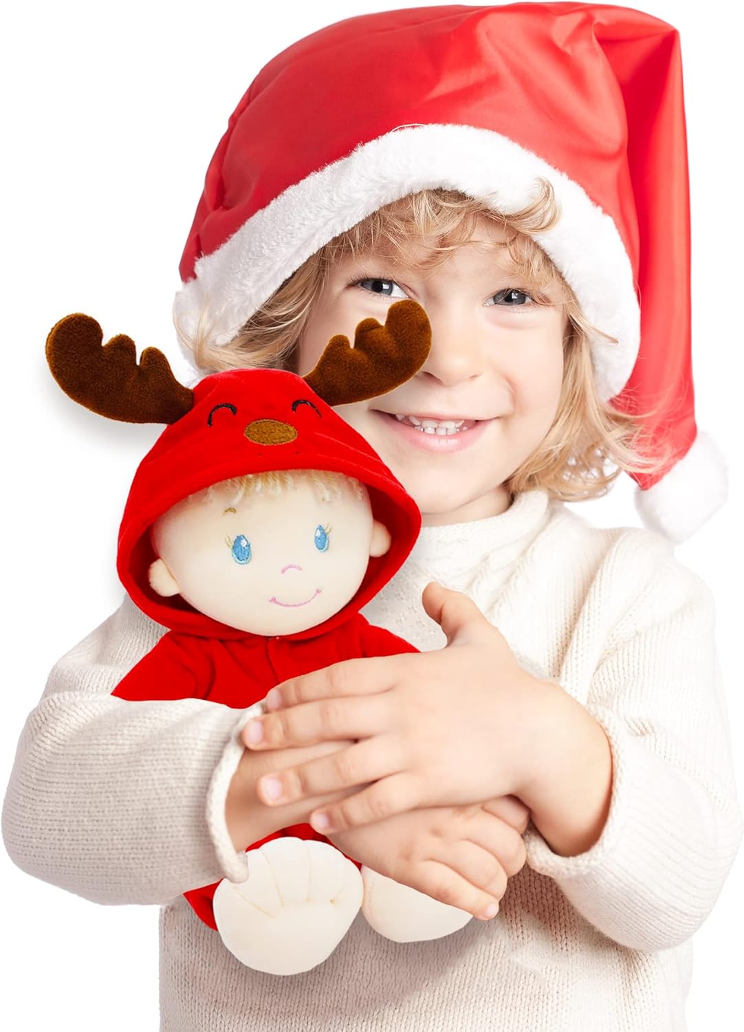 June Garden 12" Sweet Dolly Dasher - Stuffed Ultra Soft Baby Reindeer Doll for Birth and Up - Removable Red Outfit