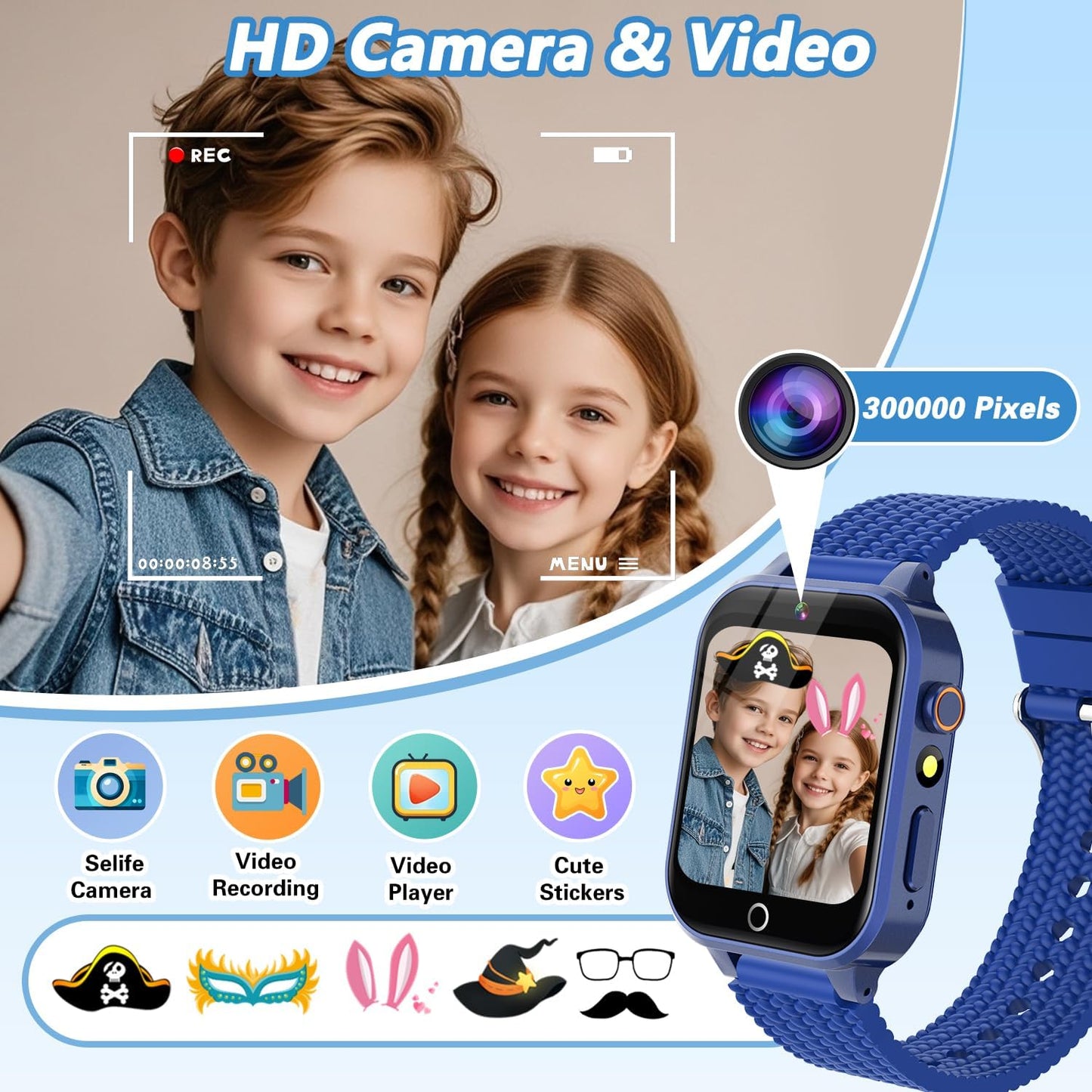 Smart Watch for Kids Boy Gift Ages 3-12, 2 Screen Protector, 26 Puzzle Games, HD Camera Video Music Player Touchscreen Pedometer, Educationtal Toy Brithday Gifts for Boy Ages 4 5 6 7 8 9 10(Blue)