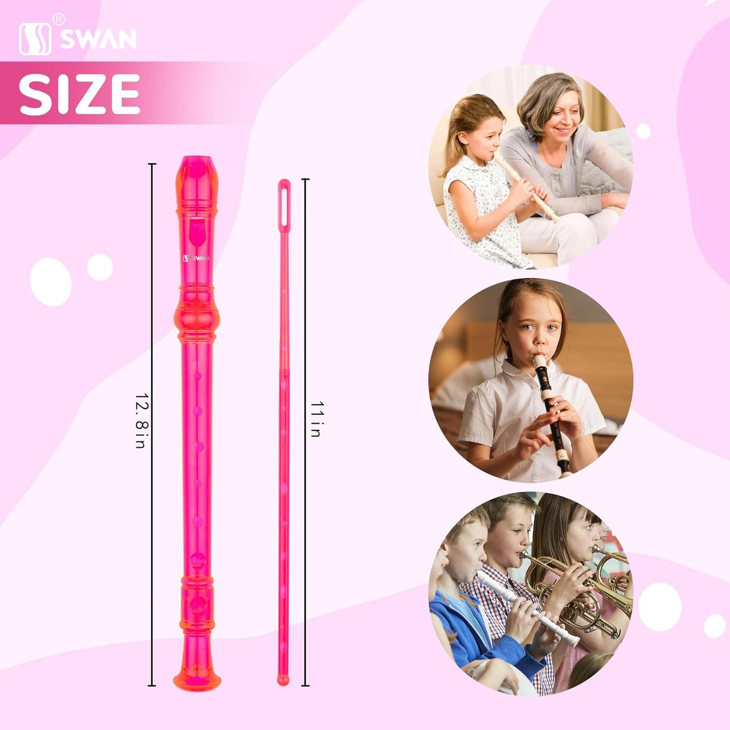 SWAN Soprano Recorder Instrument for Beginners Kids Student in School - Baroque Style 8 Hole Flute Detachable 3pcs ABS Descant Recorders with Cleaning Rod and Fingering Chart, Transparent Bobby Pink