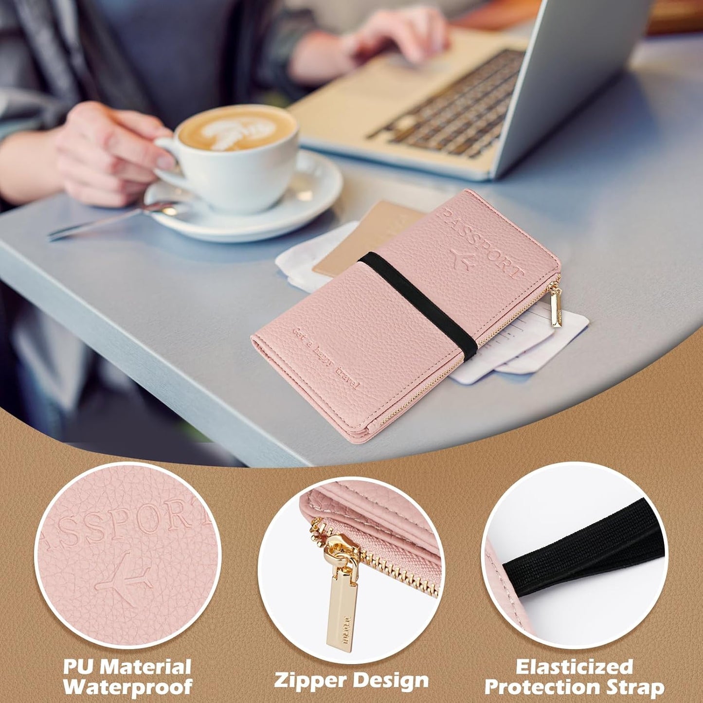 Travel Passport Wallet, RFID Blocking Passport Holder with Zipper, Passport Cover for Women Men, PU Leather Travel Document Organizer with Card Slots, Gift for Family Friends, Pink