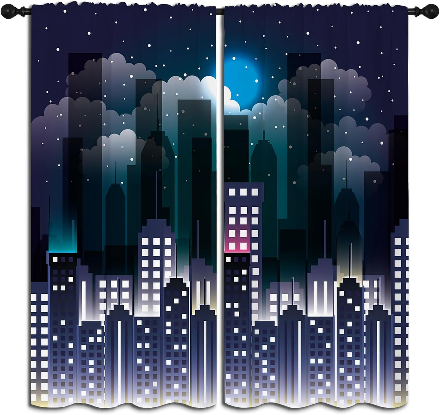 Superhero Rod Pocket Blackout Curtains for Boy Girl Bedroom, Violet Night Sky Buildings Cityscape Home Energy Efficient Light Filtering Window Curtain for Living Room,84x84 inch