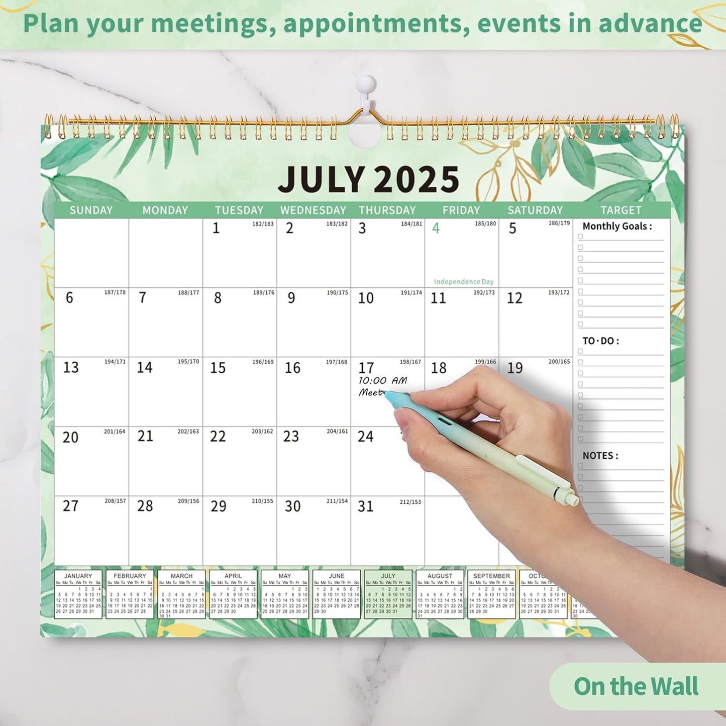 Wall Calendar 2025-2026, 18 Month Large Desk Calendar from July 2025 to December 2026 14.5" x 11.8" Monthly Calendar with Twin-Wire Binding for Home Office Planning Personal Organisers, Green Leaf