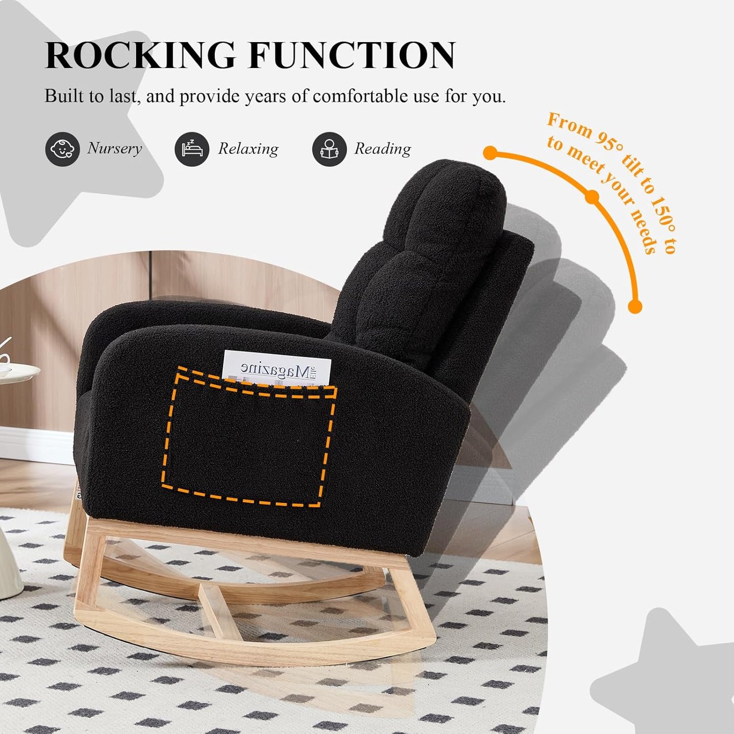 NIOIIKIT Nursery Rocking Chair, Teddy Upholstered Glider Chair with Side Pocket, Glider Rocker Chair with Tufted Back, Comfy Accent Nursing Chair for Living Room (Black Retro)