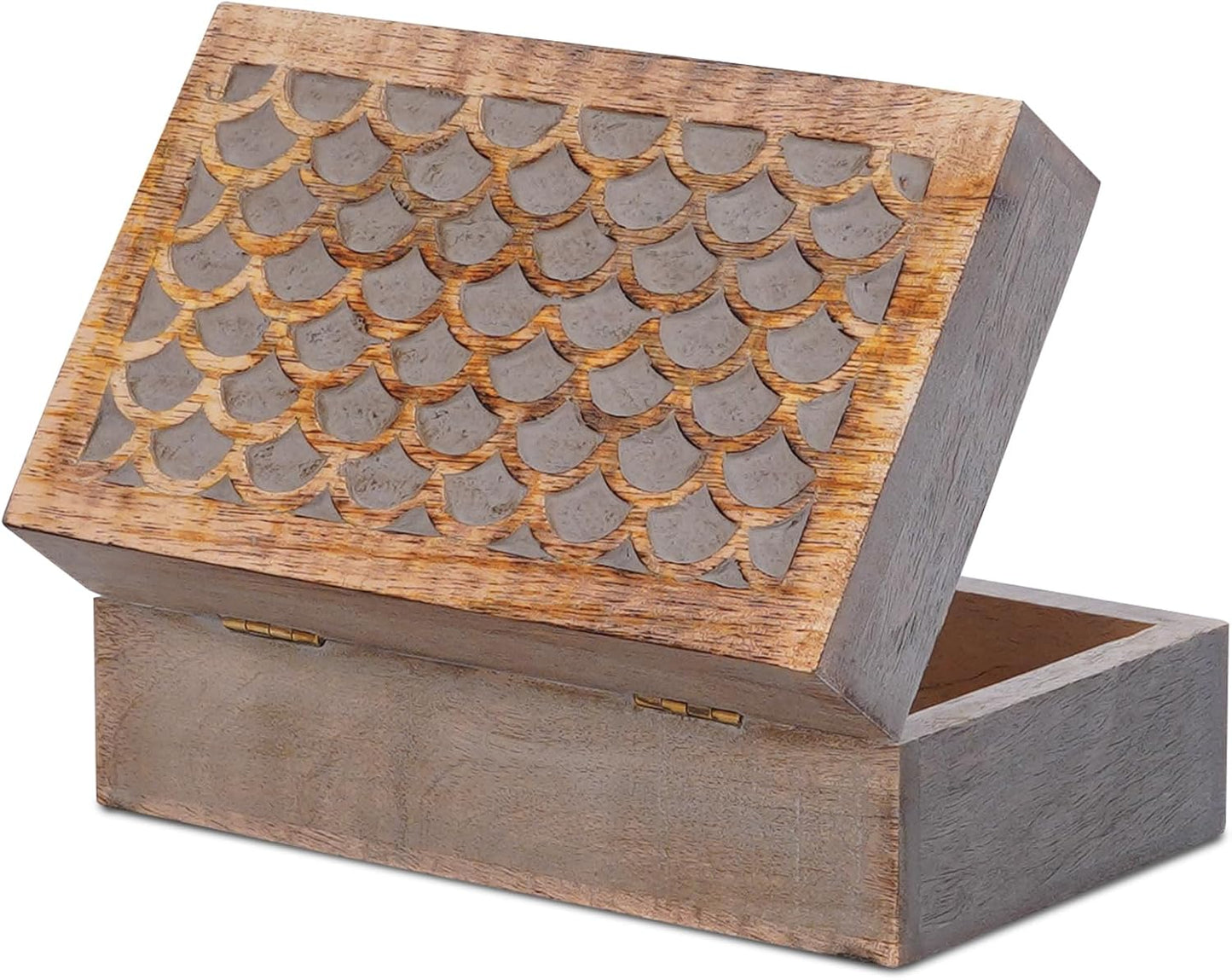 Scallop Wooden Box (Medium) - Light Burnt Over Grey Decorative Box with Lid w/Felt Pads Underneath & Wooden Carving - Unique Handmade Mangowood Keepsake Storage Box for Home - 7.5 x 4.5 x 3"