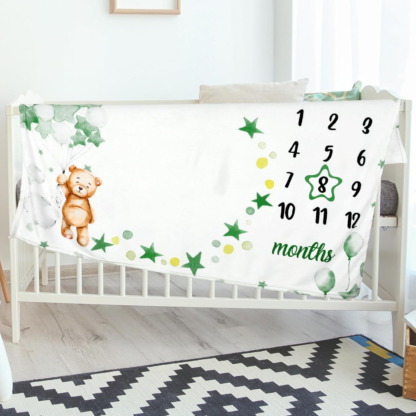 Sleeping Bear Monthly Baby Milestone Blanket Bear Star Balloon Flannel Blanket Boy Newborn Infant Swaddle Growth Chart Baby with Frame for Boys Girls Nursery (Green)