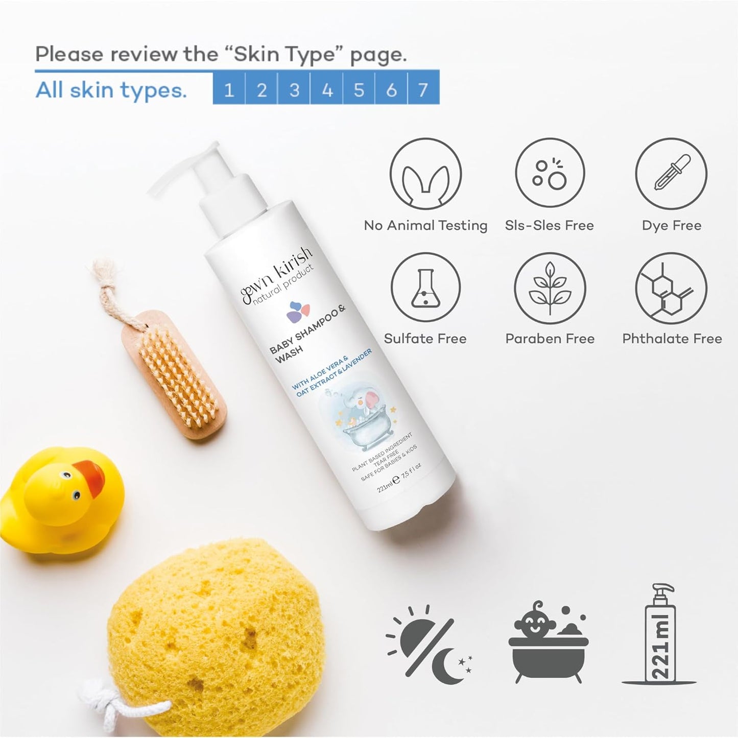 Gew’n Kirish Natural Baby Shampoo & Body Wash – Tear-Free, Hypoallergenic Cleanser with Lavender Oil, Aloe Vera & Oat Extract, Plant-Based, Vegan, Sulfate-Free Formula, 7.5 fl oz