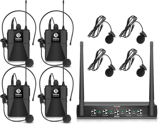 Debra Audio Pro UHF 4 Channel Wireless Microphone System with Cordless Handheld Lavalier Headset Mics, Metal Receiver, Ideal for Karaoke Church Party (with 4 Bodypack (A))