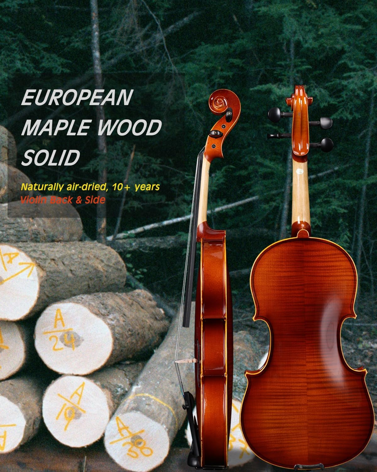 Aileen Solid Wood Violin 4/4 Full Size for Adults and Kids Age 12+, Fiddle Set for Beginners Student, Professional Violin Starter Kit with 12 Accessories (Selected European Solid Spruce and Maple)