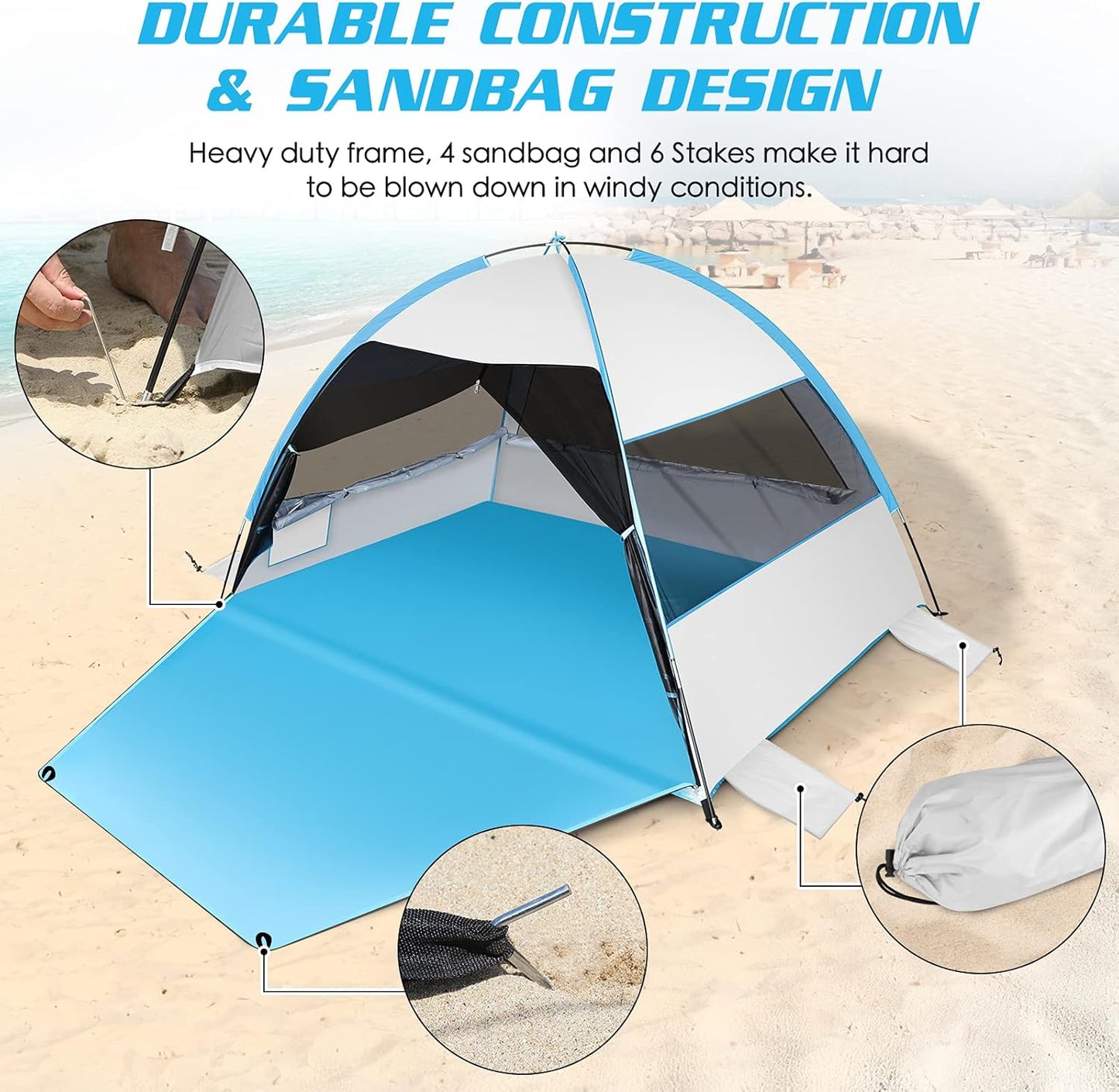Large Easy Setup Beach Tent,Anti-UV Beach Shade Beach Canopy Tent Sun Shade with Extended Floor & 3 Mesh Roll Up Windows Fits 3-4 Person,Portable Shade Tent for Outdoor Camping Fishing