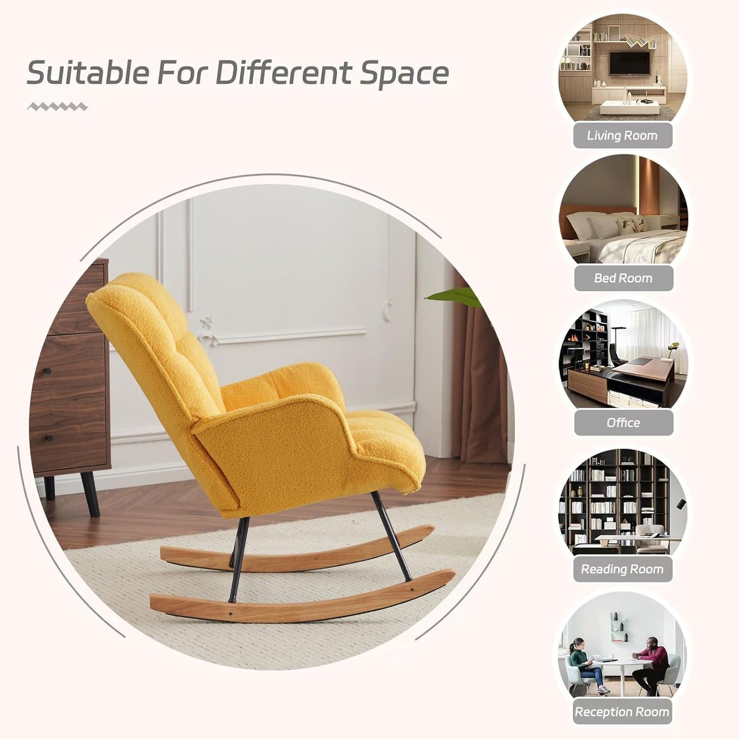 Rocking Chair Nursery Teddy Upholstered Glider Rocker Rocking Accent Chair Padded Seat with High Backrest Armchair Comfy Side Chair for Living Room Bedroom Offices (Yellow Teddy)