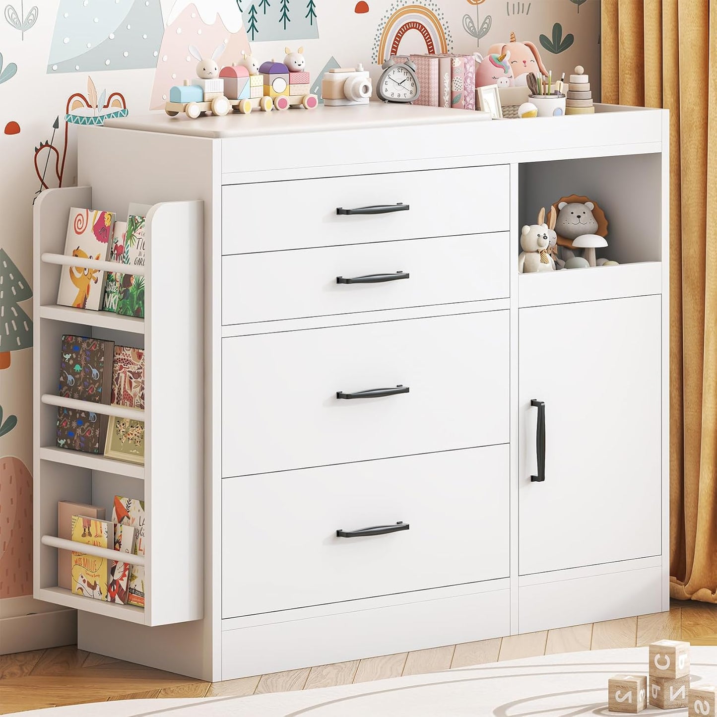 Bigbiglife Changing Table Dresser, Baby Nursery Dresser with 4 Drawers & 1 Cabinet & 3 Open Shelves Storage, Modern Diaper Changing Station for Children's Room, Changing Pad Included, White
