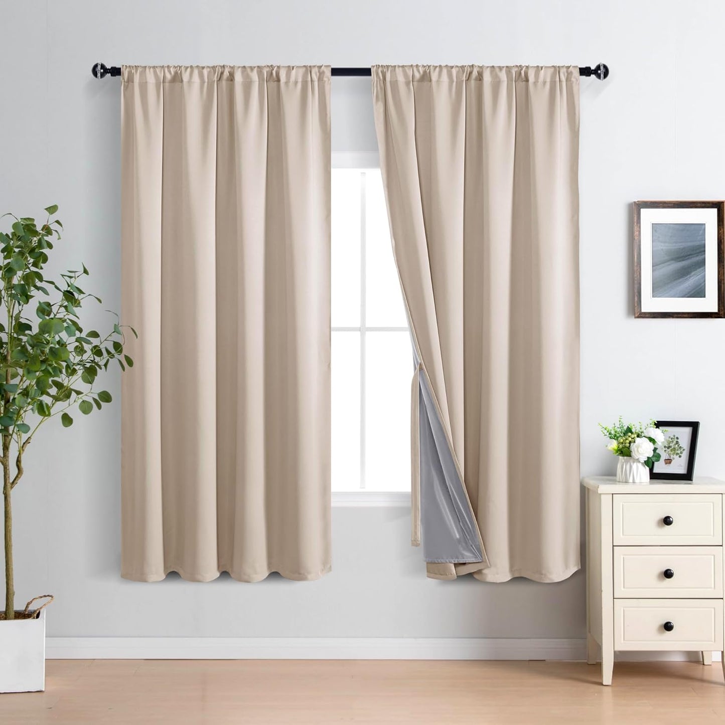 XWZO 100% Blackout Curtains for Bedroom, Thermal Insulated Black Liner, Noise Reducing and Heat Blocking Drapes for Hall and Studio Windows with Tiebacks, Biscotti Beige, W60 x L63, Set of 2