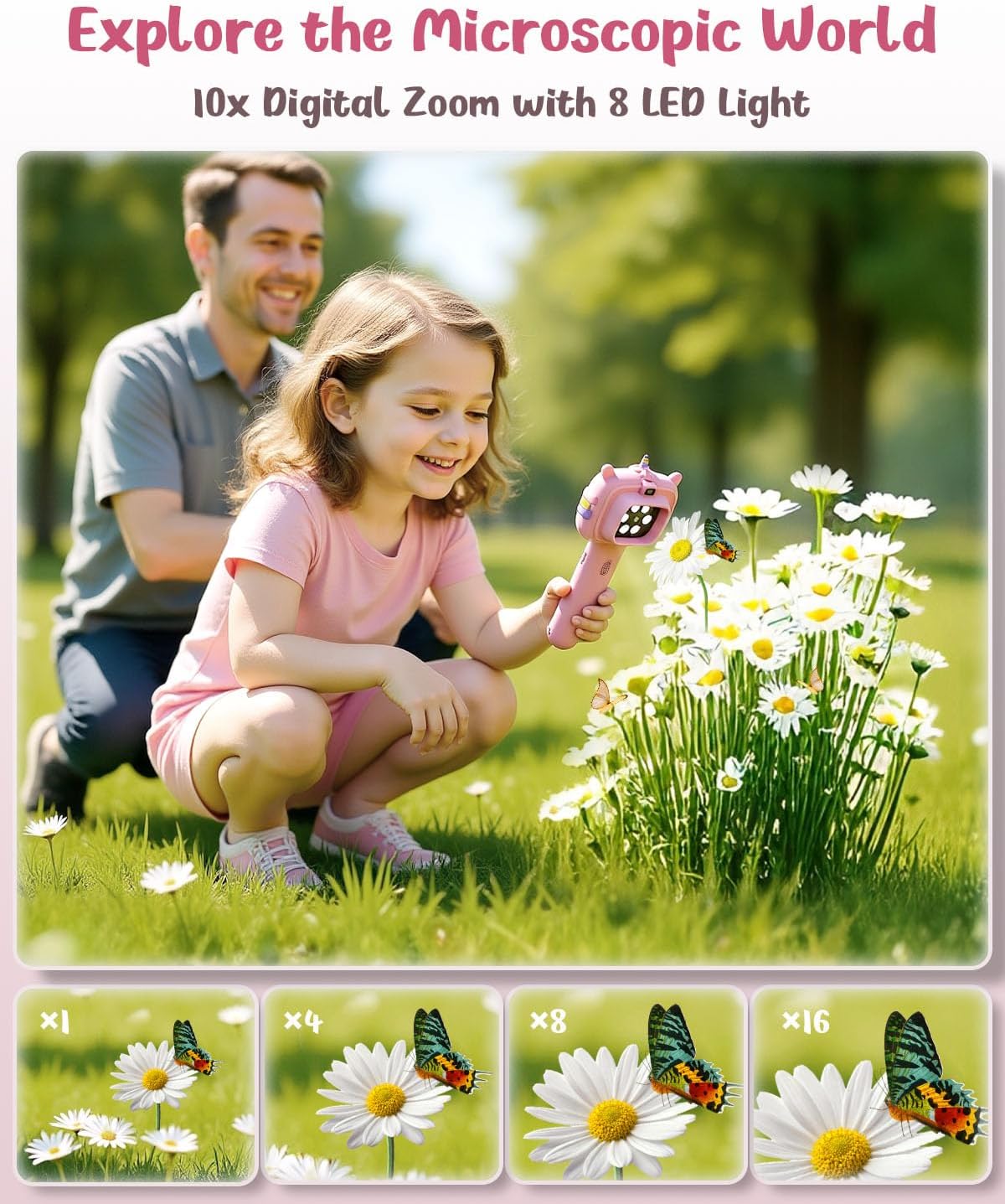 Microscope Camera for Kids Gifts Toys- Handheld Pocket Microscopes with 2.4" Screen and Autofocus - Mini Digital Educational Science Kit for Christmas Birthday for Age 3-5 5-7 8-12 Girls Boys(Pink)