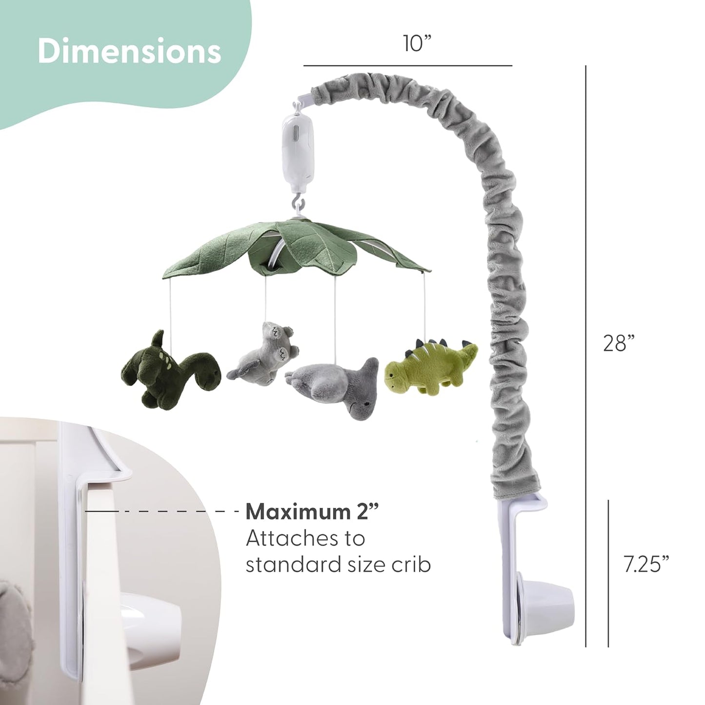 The Peanutshell Crib Mobile for Boys or Girls - Grey and Green Camo Musical Baby Crib Mobile with 12 Lullabies, Dino Baby Dinosaur Nursery Decor