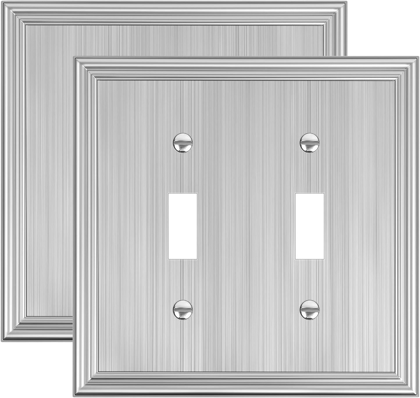 2-Pack Double Toggle Light Switch Cover Plate, Durable Solid Zinc Alloy Decorative Dual Switch Plate Covers, Brushed Nickel 2 Gang Wall Plate, Corrosion Resistant