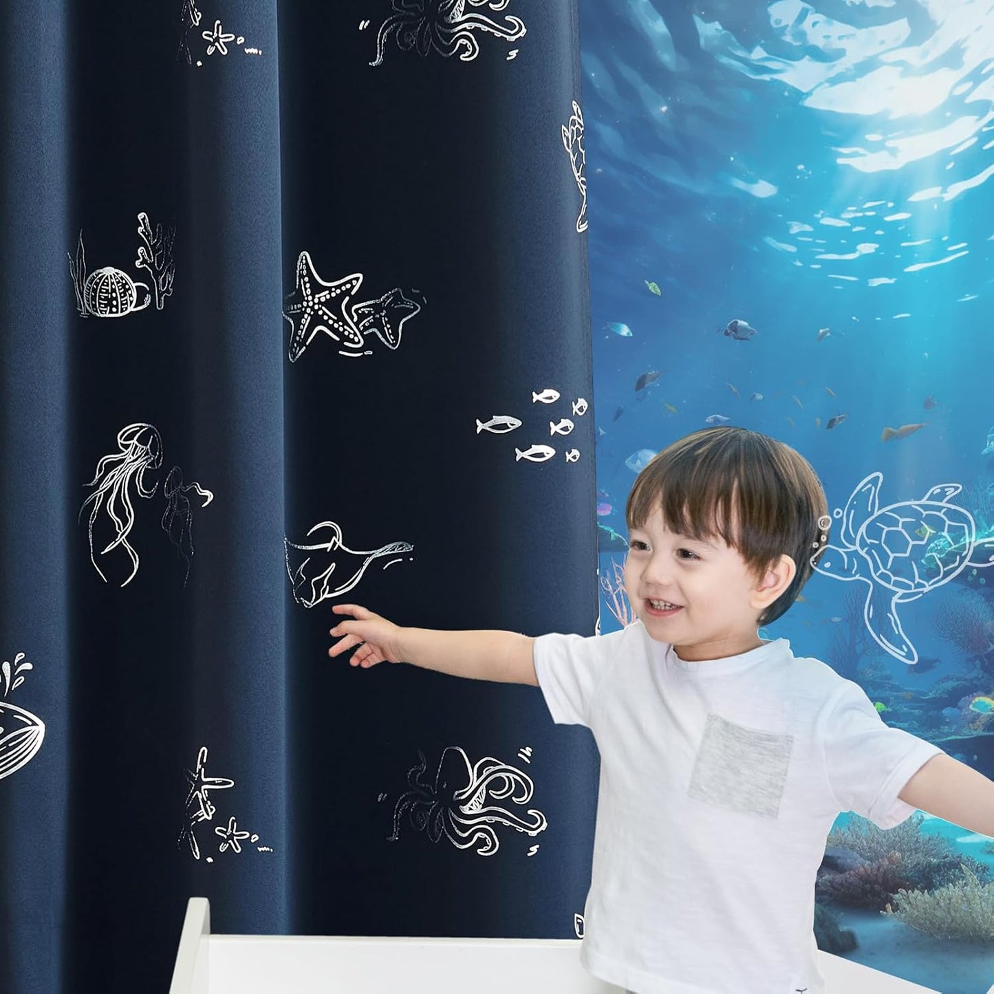 Vangao Kids Curtains for Boys Bedroom Kids Blackout Curtains 96 Inch Length Ocean Aquarium Nursery Drapes for Girls Bedroom Silver Sea Animals Print Thermal Insulated Drapes, Navy Blue 2 Panels