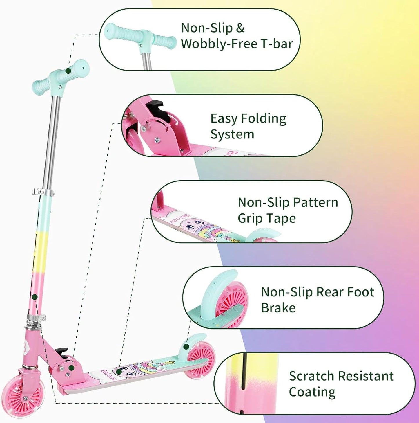 BELEEV V2 Scooters for Kids with Light-Up Wheels & Stem & Deck, 2 Wheel Folding Scooter for Girls Boys, 3 Adjustable Height, Non-Slip Pattern Deck, Lightweight Kick Scooter for Children Ages 3-12
