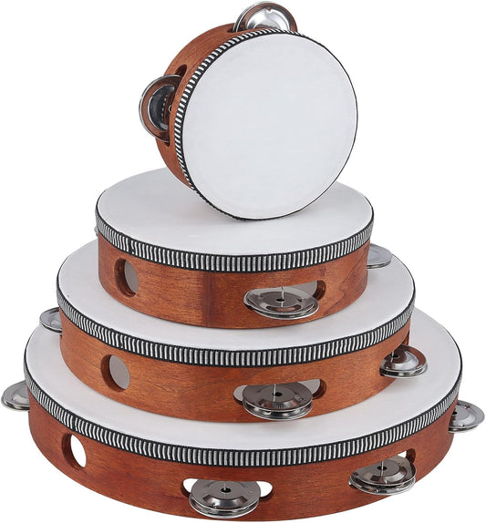4 PCS 4" 6" 8" 10" Brown Wooden Tambourine, Musical Instrument Tambourine Set, Handheld Drum Bell Metal Jingles Single Row Percussion for Church, KTV, Party, Musical Class