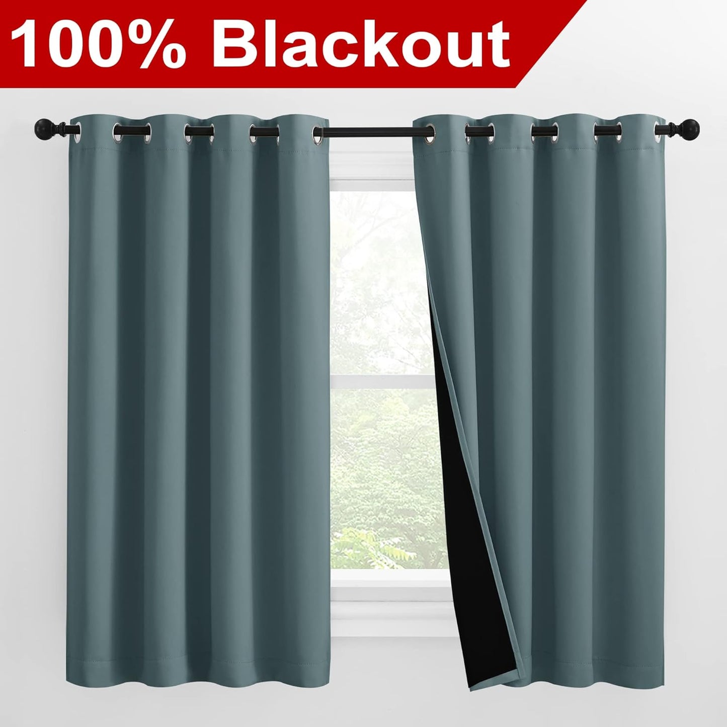 NICETOWN 100% Blackout Curtains 57 inches Long, Double-Deck Completely Blackout Window Treatment Thermal Insulated Lined Drapes for Small Window (Greyish Blue, 1 Pair, 55 inches Width Each Panel)