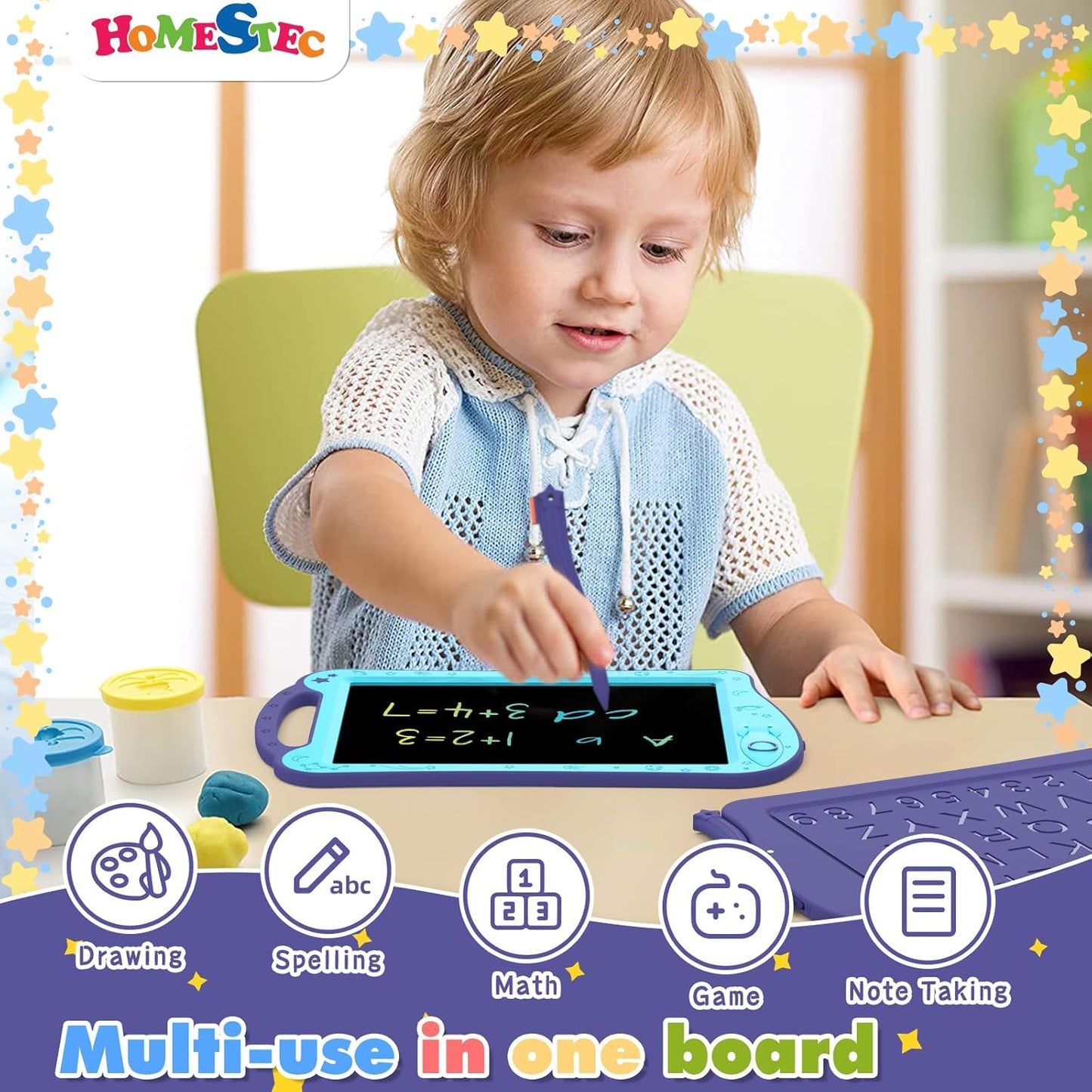 [ClimatePartner Certified] HOMESTEC Astrodraw Drawing Pad, Colorful LCD Writing Tablet for Kids, Doodle Board for Toddlers 3 4 5 6 Years Old, Travel Toy Birthday Gift for Boys Girls (Aqua/Purple)