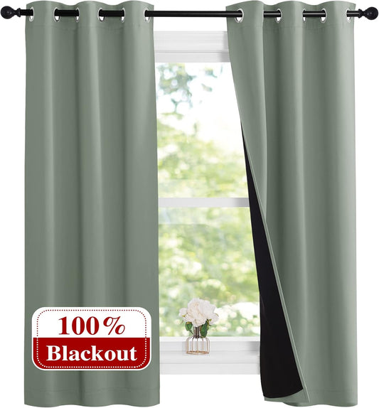 NICETOWN Greyish Green 100% Blackout Lined Curtains, 2 Thick Layers Narrow Wide Window Treatment Panels Thermal Insulated Drapes for Kitchen Small Window (1 Pair, 37" Width x 63" Length Each Panel)