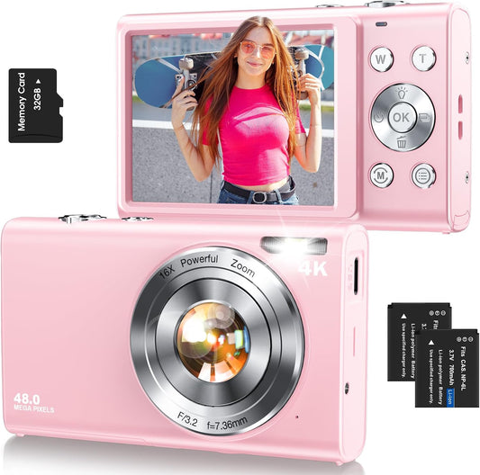 Digital Camera,Autofocus 4K Vlogging Camera for Photography with 32GB Card,48MP Portable Compact Point and Shoot Digital Camera for Teens Adult Beginner with 16X Zoom,Anti-Shake,2 Batteries(Pink)