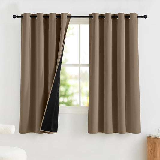 NICETOWN 100% Blackout Curtains for Bedroom, Thermal Insulated Window Drapes Room Darkening Cafe Curtains for Living Room with Grommet Top, 52 x 63 Inch Long, 2 Panels, Khaki