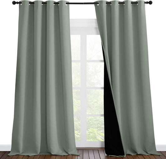 NICETOWN Full Shading Curtains 96 inches Long 2 Panels Set for Windows, Super Heavy-Duty Black Lined Blackout Curtains for Bedroom, Privacy Assured Window Treatment (Greyish Green, 55 inches W)