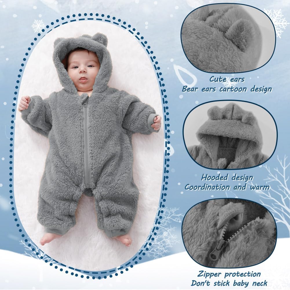 Newborn Baby Bear Outfit Suit Girls Boys Fleece Jumpsuit Romper Hooded Winter Snowsuit Clothes