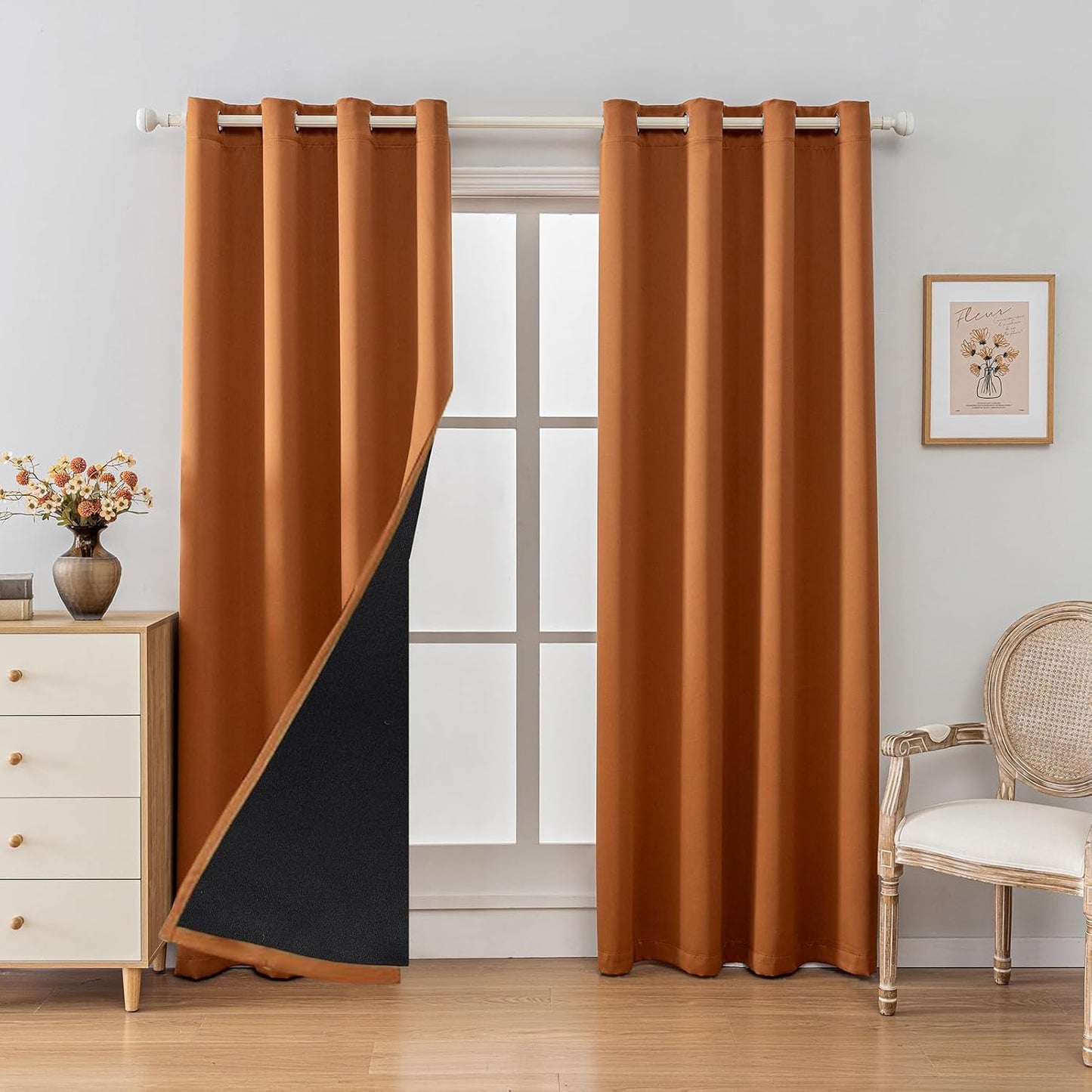 Anytime 100% Blackout Curtain Set, Thermal Insulated & Energy Efficiency Window Draperies for Guest Room, Full Shading Panels for Shift Worker and Light Sleepers（Orange, 2 Panels, 52W x 108L）