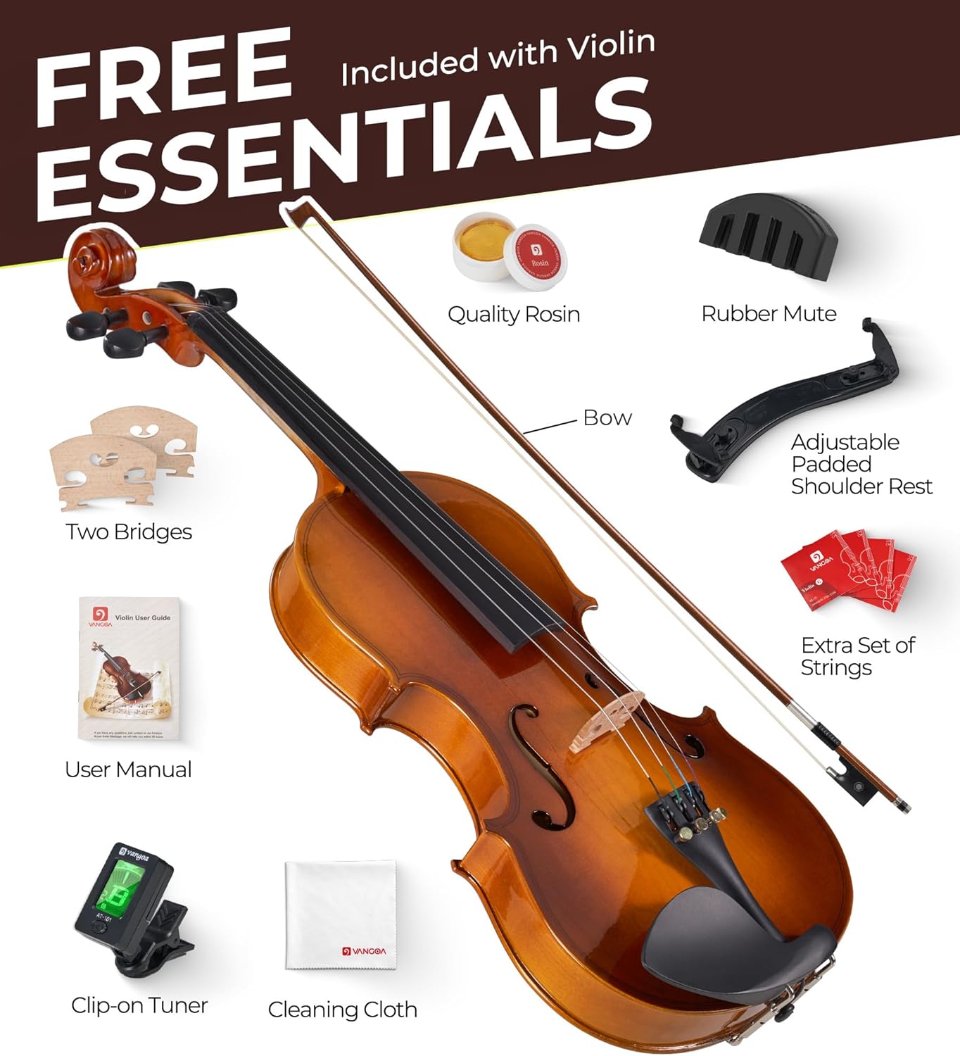 Vangoa Violin 3/4 Size for Kids Full Set, Beginners Fiddle Three Quarter Bundle Acoustic Violins Starter Kit Package w/Side Solidwood, Hard Case for School Students, Childrens, Adults Ages 9-11