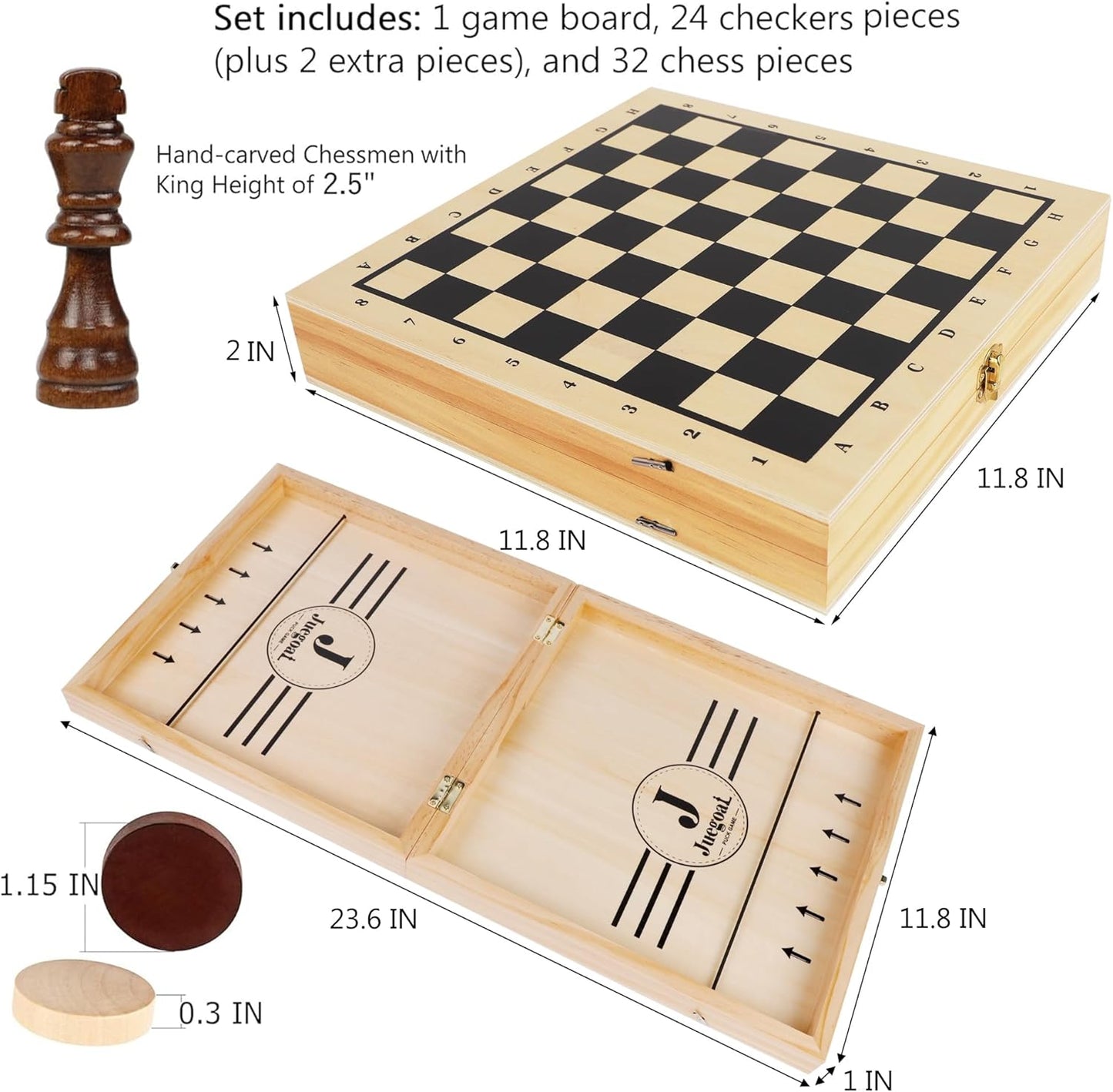 Juegoal 4-in-1 Wooden Fast Sling Puck Set for Kids and Adults, Chess, Checkers, Tic Tac Toe Games, Travel Portable Folding Tabletop Chess Board Game Sets, Interactive Families Toys
