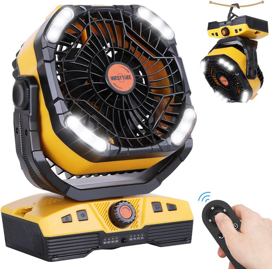 Camping Fan 20000mAh Rechargeable Battery Operated fan Outdoor Tent Fan with Light & Hook 270° Pivot, knob Speeds, Personal fan USB Desk Fan for Camping Power Outage Yellow X68
