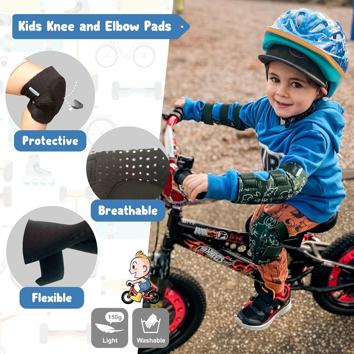 Soft-Style Kids Knee and Elbow Pads with Bike Gloves, Flexible Impact-Resistant Gear for Ages 2-11, Designed for Balance Bikes, Roller-Skating, and Skateboarding