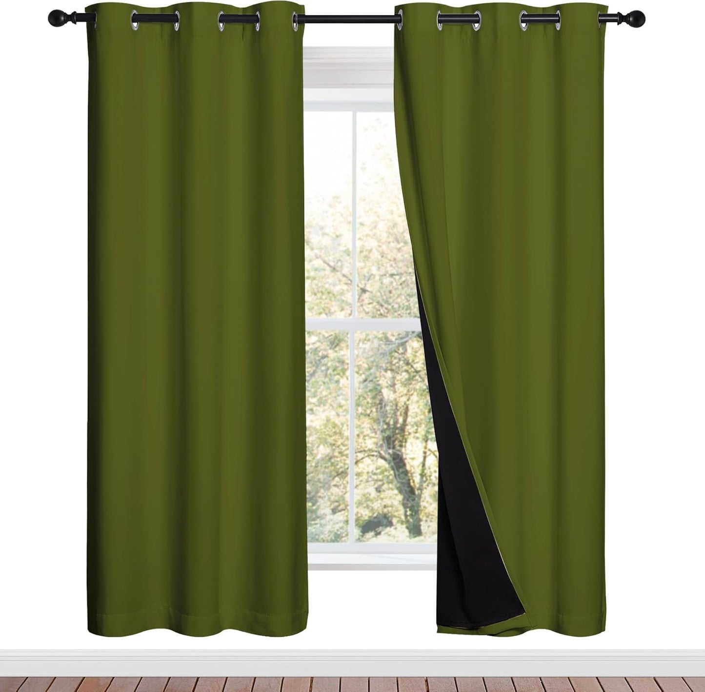 NICETOWN 100% Blackout Window Curtain Panels, Olive Green, 2 Pieces, 42-inch Wide Per Panel, Full Light Blocking Drapes with Black Liner for Nursery, 72-inch Drop Thermal Insulated Draperies