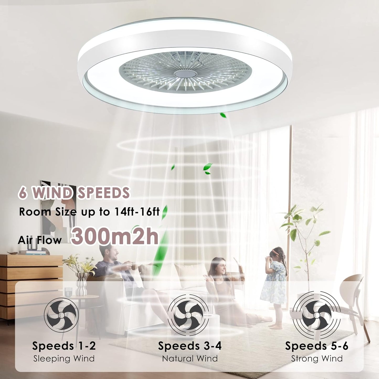 24" Bladeless Ceiling Fan with Light Remote, Smart LED Ceiling Fans with App Control, Modern Low Profile Dimmable Light Ceiling Fan for Bedroom Living Room White