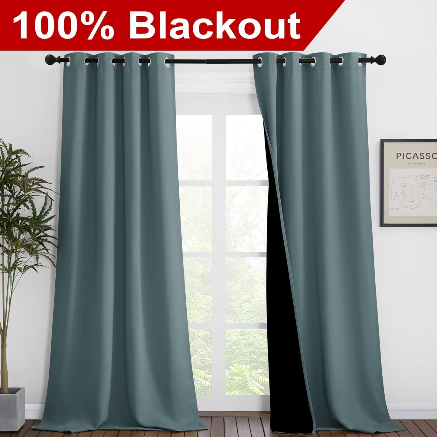 NICETOWN Greyish Blue Blackout Curtains 90 inches Long, Full Light Blocking Drapes with Black Liner for Nursery, Thermal Insulated Draperies for Hall, Villa (2 Pieces, 46" Wide Each Panel)