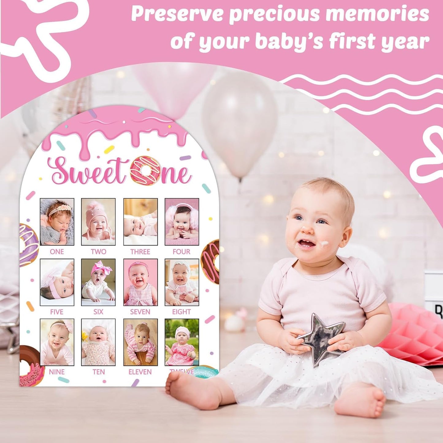 Sweet One First Year Photo Board Donuts Birthday Party Decorations Wooden Board 12 Monthly Milestone Picture Frame One Year Old Wood Sign 1st Birthday Photo Banner for Baby Girls Keepsake Gift Supply