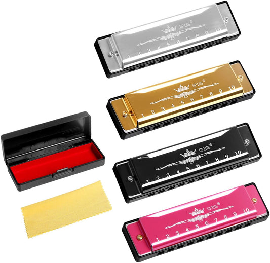 UPINS 4PCS Key of C Blues 10 Hole 20 Tones Titanium Color Harmonica with Case Cleaning Cloth for Beginner Students Kids (Gold, Pink, Silvery, Black)