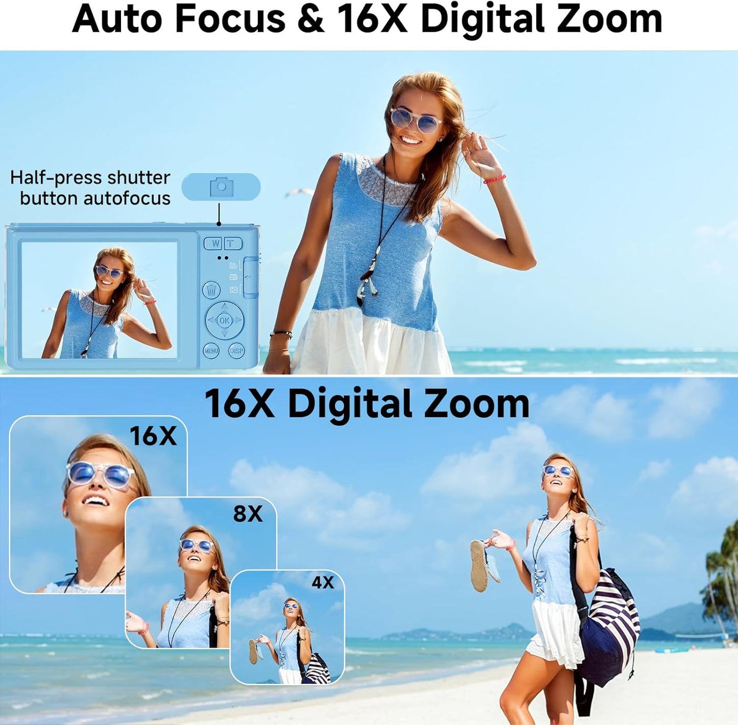 Digital Camera, FHD 4K 44MP Digital Camera, 16X Digital Zoom, Digital Point and Shoot Camera with 3-LED Fill Lights, 64GB SD Card, Compact Camera for Kids Teen Boys Girls, Blue