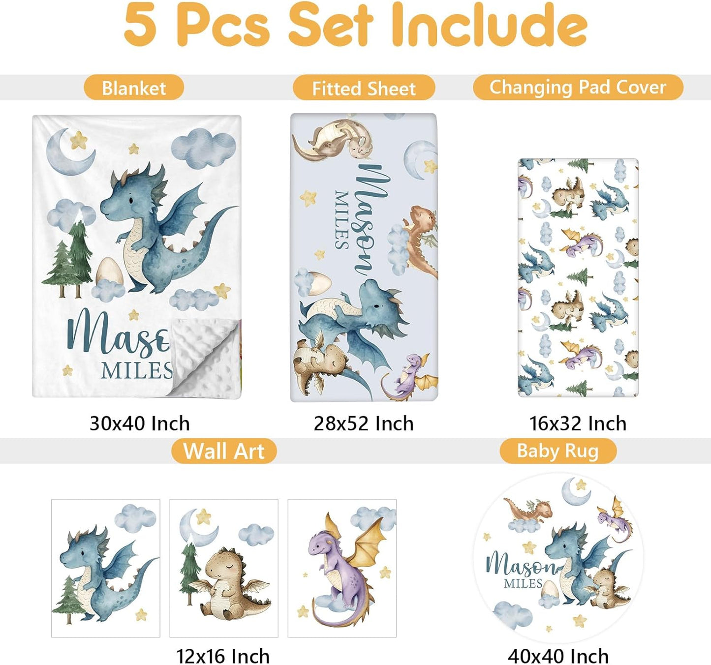 Custom Baby Crib Bedding Set, 5 Pcs Personalized Name Baby Crib Sets for Infant Toddler, Blue Dinosaur Nursery Bedding Set for Baby Boy, Double Layer Baby Bedding Sets Customized Gifts