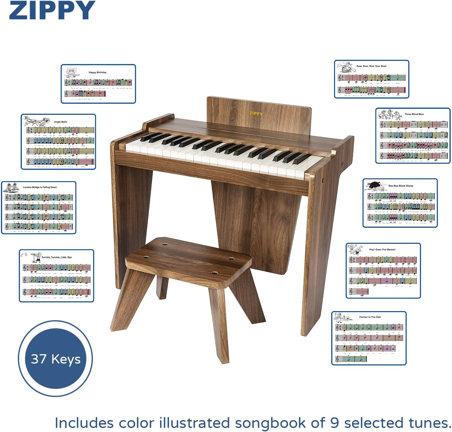 ZIPPY Kids Piano Keyboard, 37 Keys Digital Piano for Kids, Music Educational Instrument Toy, Wood Piano for 3+ Girls and Boys (Walnut Basic)